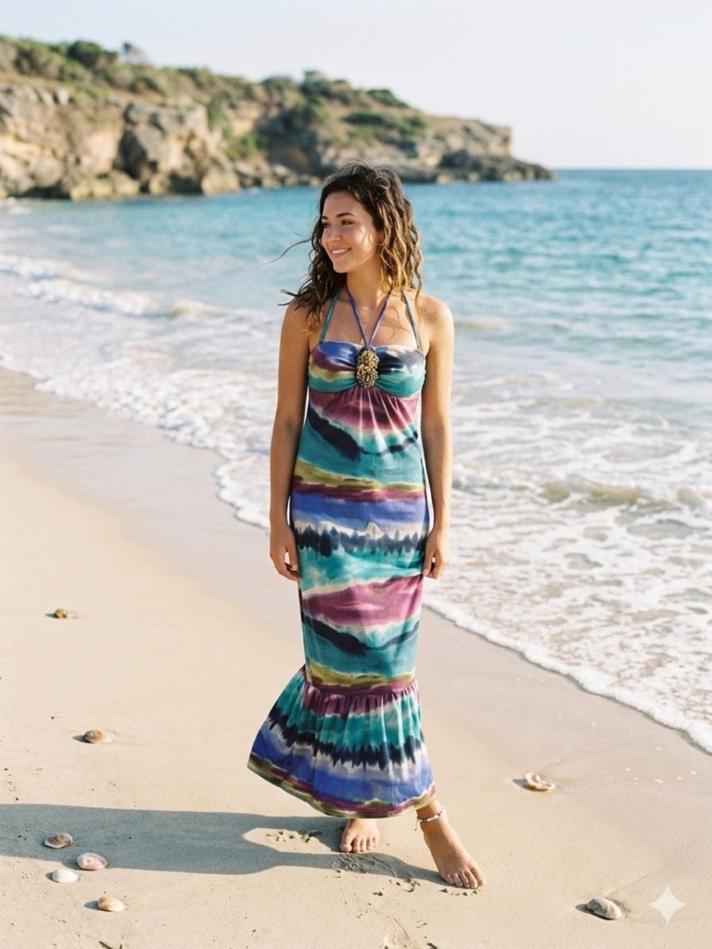 eyelash couture Tie-Dye Halter Maxi Dress in Teal, Purple and Navy XS